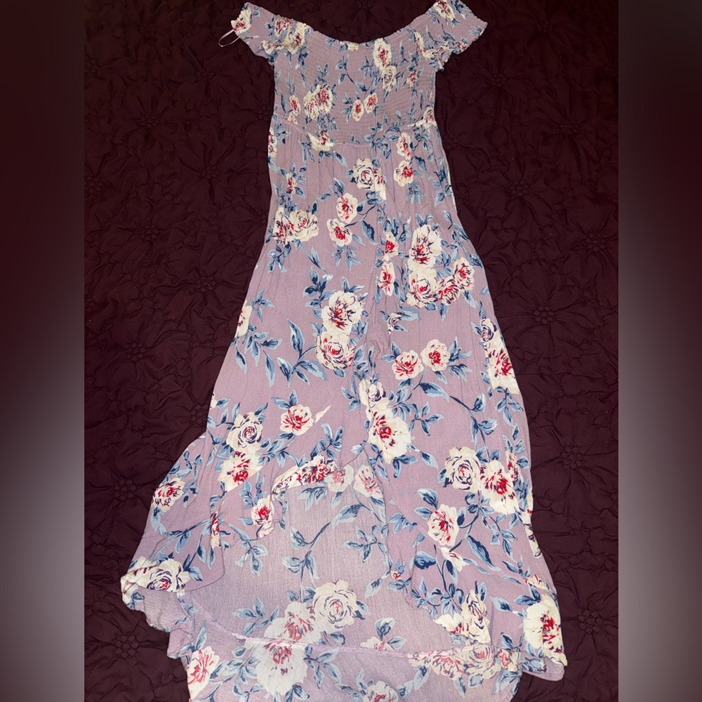 Candie's Floral Off-Shoulder Romper With Flowy Skirt- Lavender and White